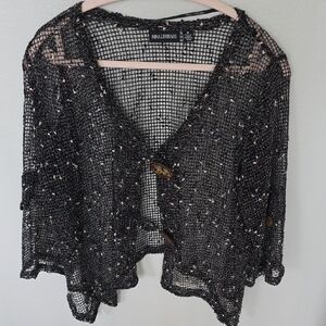 Nina Leonard Black Sequin Mesh Cardigan